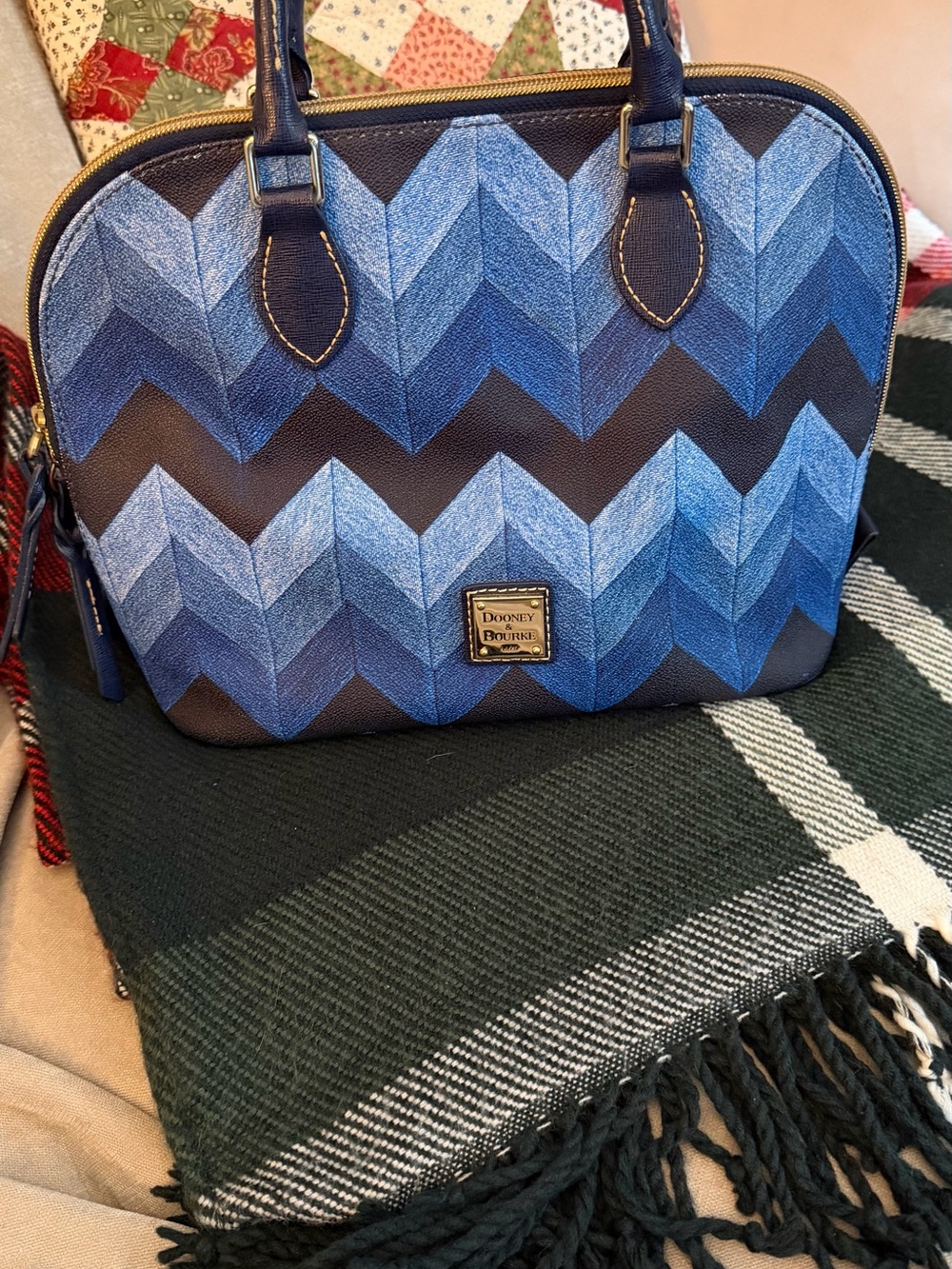 Dooney & Bourke Navy and Light Blue Chevron Satchel - Picture 9 of 10